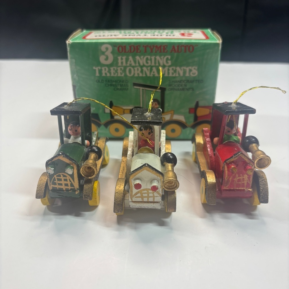 3 Olde Tyme Auto Hanging Christmas Tree Wooden Ornaments Vintage In Box Vtg